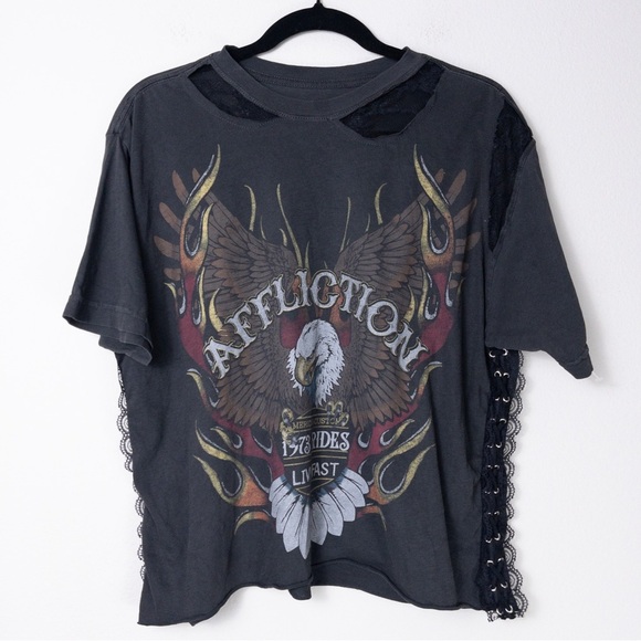 NEW Affliction Speed to Burn Graphic Biker Moto Tee L Black Lace Sheer Grommet - Picture 1 of 9